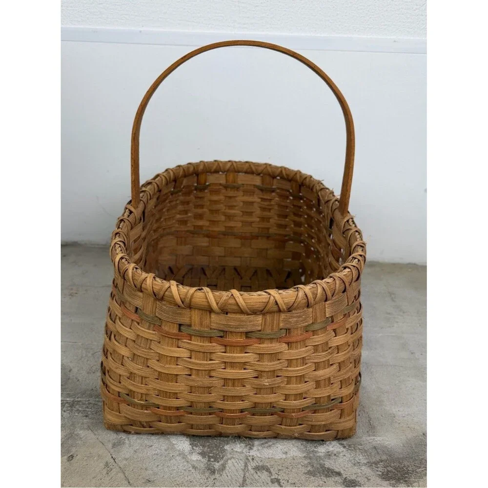 Vintage 1970-1980’s Woven Rustic Wicker Market Basket Large Oval Single Handle
